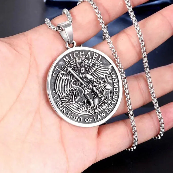Retro Round Card Archangel Michael Medal Amulet Pendant Necklace for Men's Fashion Punk Trend Accessories Jewelry Gift Mystic Oasis Gifts