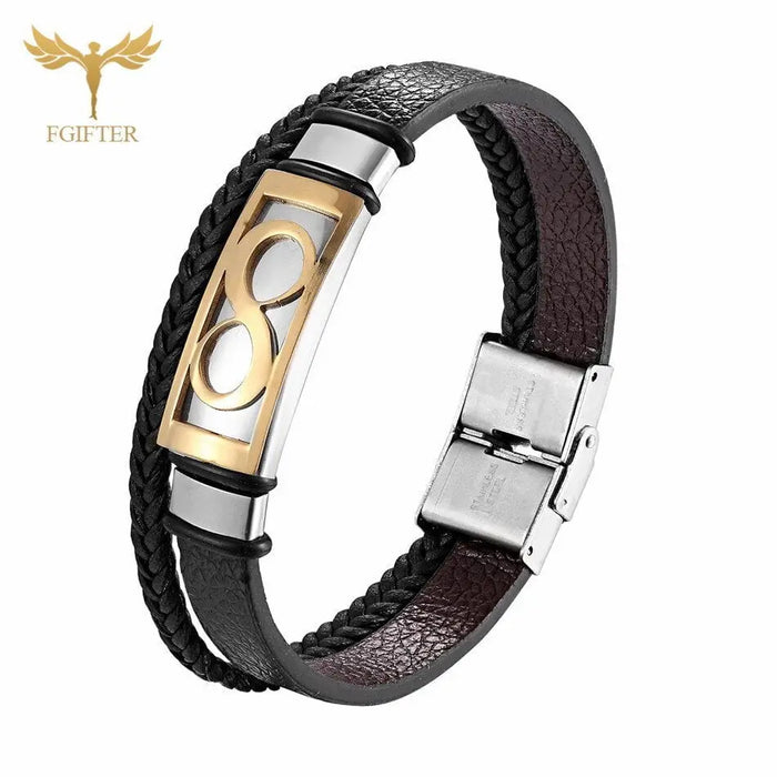 Brown Leather Bracelets Women Men Infinity Stainless Steel Cuff Accessory 2 Layers Weave Artificial Leather Love Couple Jewelry - Mystic Oasis Gifts