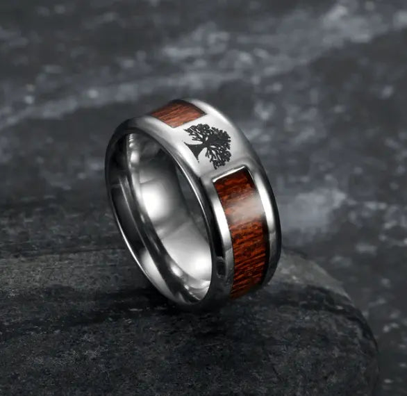 a wedding ring with a wooden inlay
