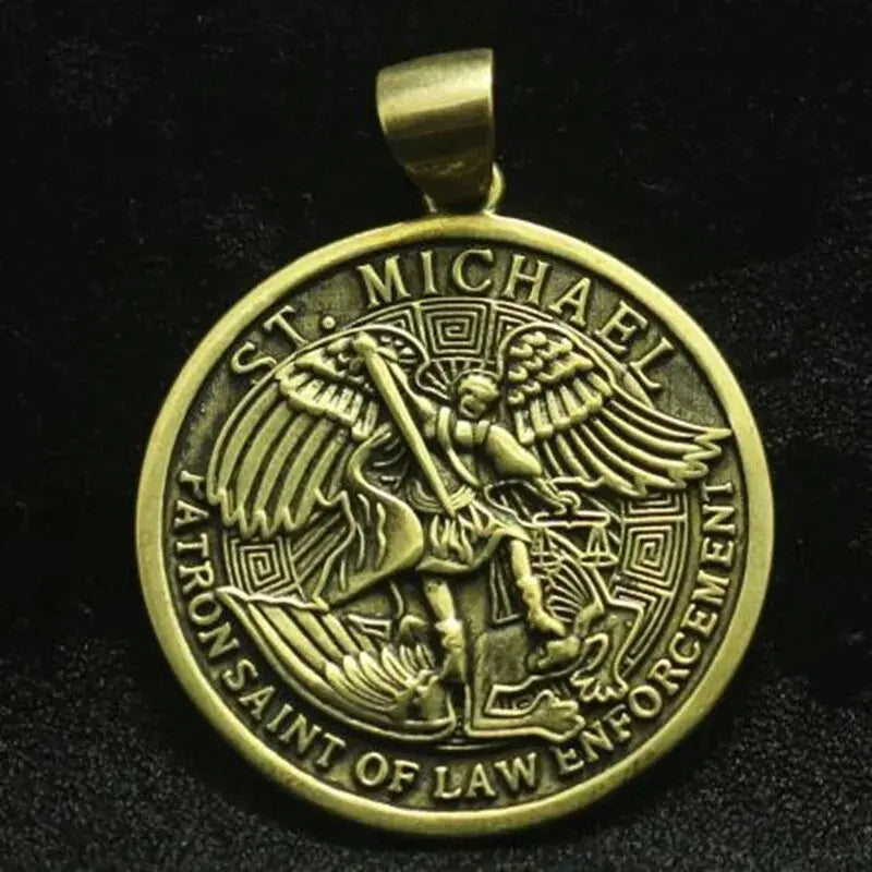 Retro Round Card Archangel Michael Medal Amulet Pendant Necklace for Men's Fashion Punk Trend Accessories Jewelry Gift Mystic Oasis Gifts