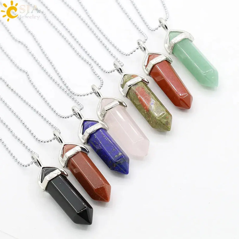 four necklaces with different colored stones on them