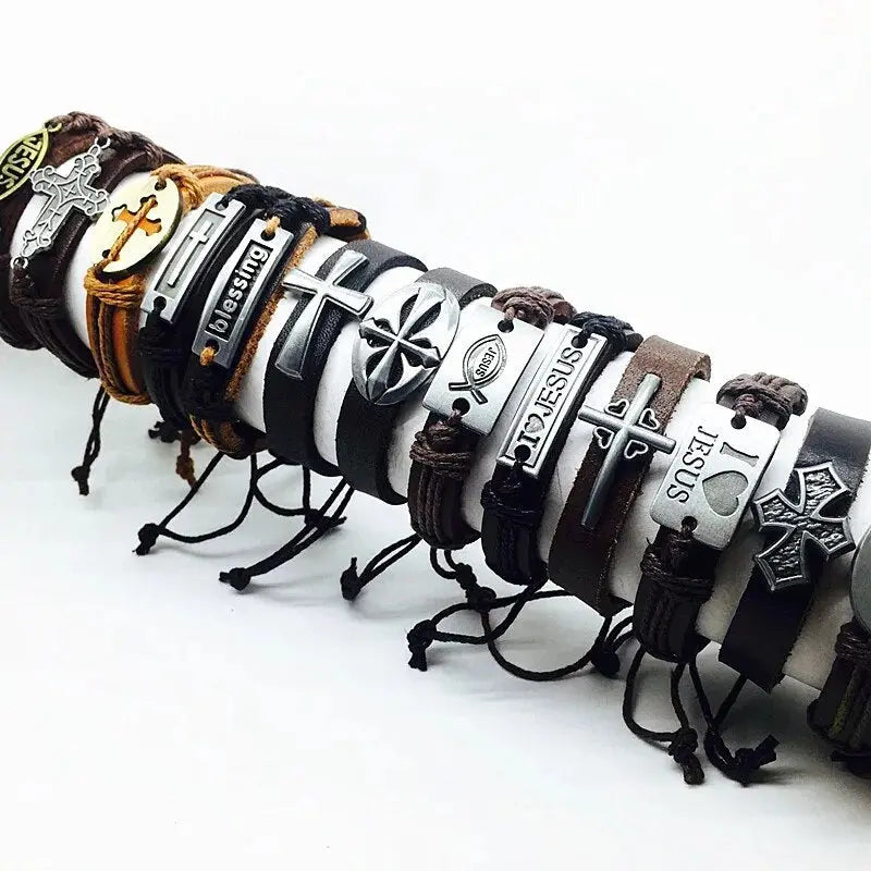 a row of bracelets with crosses on them
