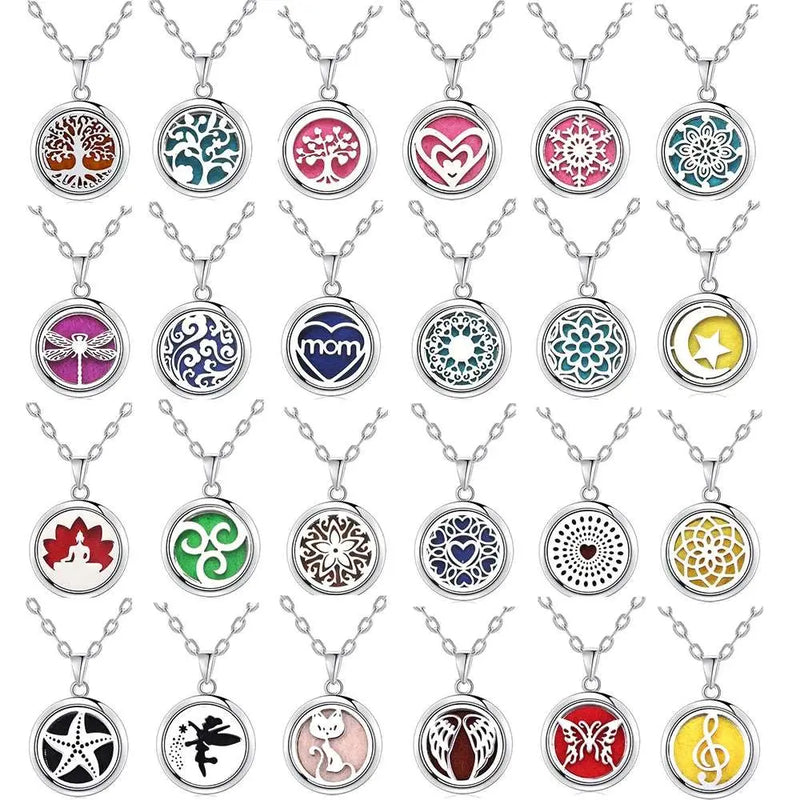 a bunch of necklaces with different designs on them