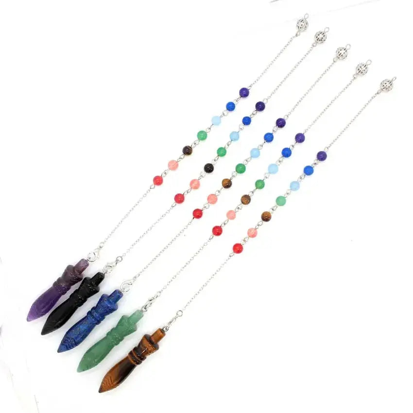 a set of six necklaces with different colored beads
