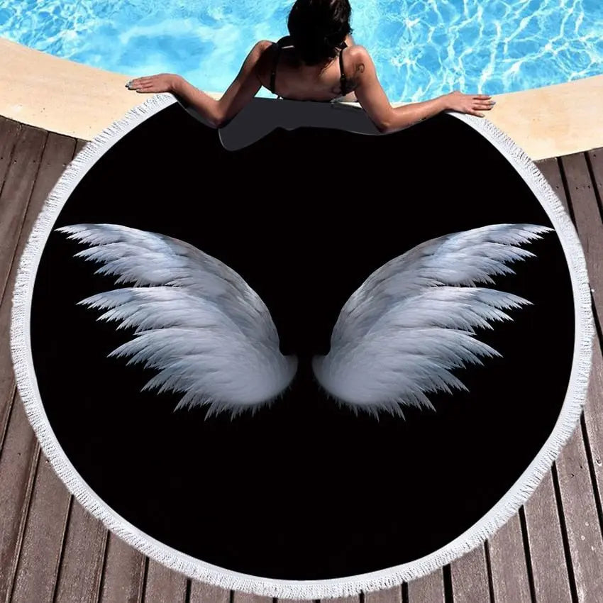 Summer Microfiber Round Beach Towel Circle Fairy Cupid Wings Print Shower Bath Towels Yoga Mat Blanket toalla de playa redonda 1