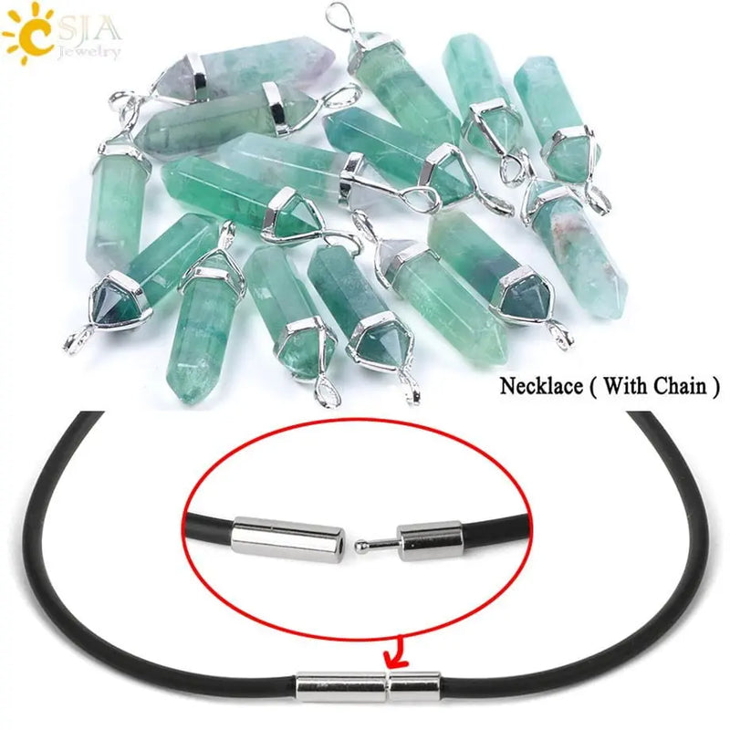 CSJA Fluorite Necklaces Crystal Pendants Suspension Natural Gem Stone Quartz Bullet Hexagonal Pendulum Reiki Chakra pendulo E546 - Mystic Oasis Gifts