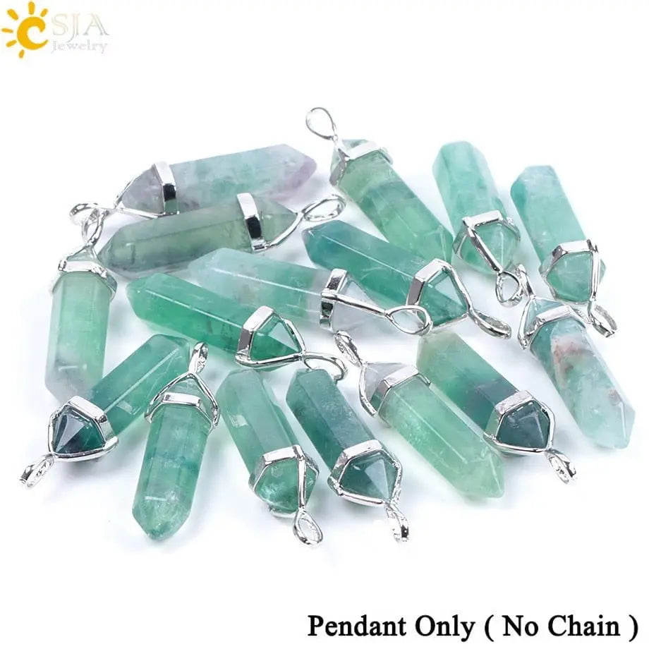 CSJA Fluorite Necklaces Crystal Pendants Suspension Natural Gem Stone Quartz Bullet Hexagonal Pendulum Reiki Chakra pendulo E546 - Mystic Oasis Gifts
