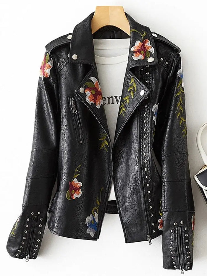 FTLZZ New Women Retro Floral Print Embroidery Faux Soft Leather Jacket Coat Turndown Collar Pu Moto Biker Black Punk Outerwear - Mystic Oasis Gifts