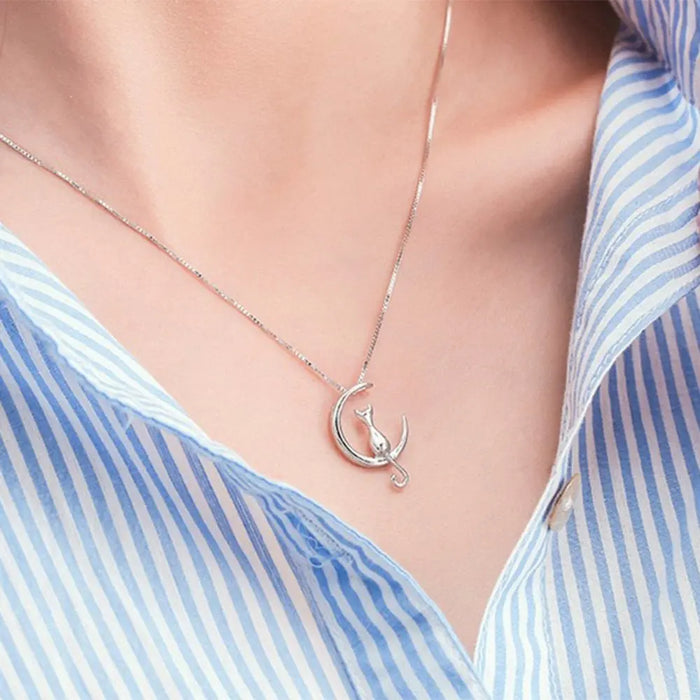 Fashion Cute Animal Cat Moon Pendant Necklace Charm Gold Silver Color Box Chain Necklace Kitten Pet Lucky Jewelry For Women Gift 2