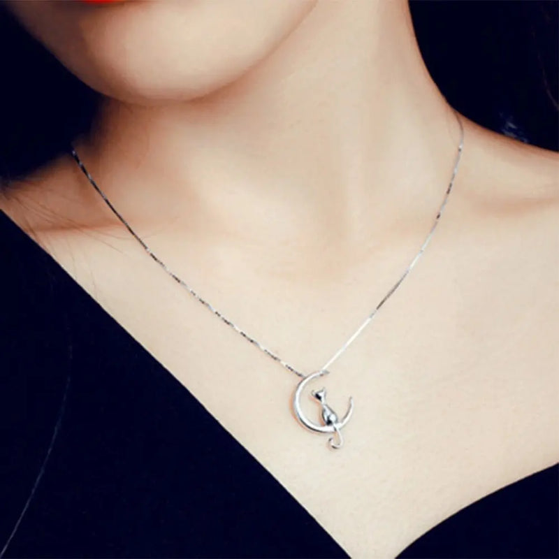 Fashion Cute Animal Cat Moon Pendant Necklace Charm Gold Silver Color Box Chain Necklace Kitten Pet Lucky Jewelry For Women Gift 6