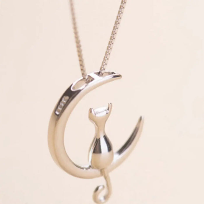 Fashion Cute Animal Cat Moon Pendant Necklace Charm Gold Silver Color Box Chain Necklace Kitten Pet Lucky Jewelry For Women Gift 1