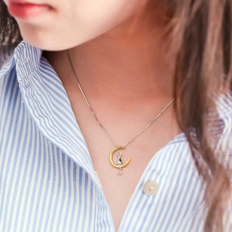 Fashion Cute Animal Cat Moon Pendant Necklace Charm Gold Silver Color Box Chain Necklace Kitten Pet Lucky Jewelry For Women Gift 8