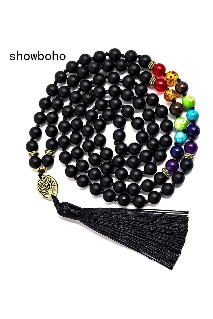 8mm Matte Black Onyx 7 Chakra Beaded Knotted 108 Mala Necklace Meditation Yoga Spirit Luckly Energy Jewelry Japamala Sets - Mystic Oasis Gifts