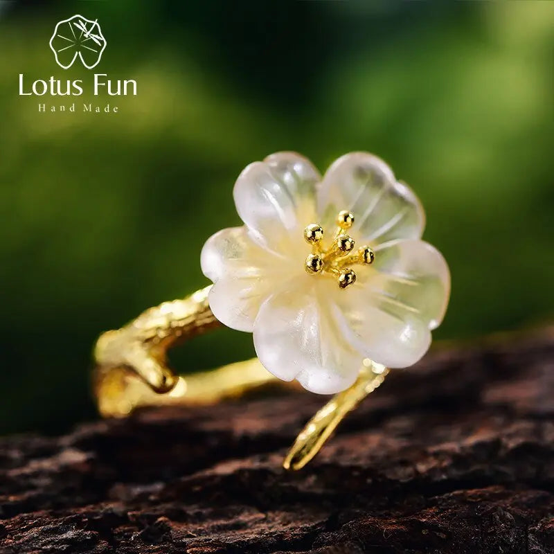 Lotus Fun Real 925 Sterling Silver Natural Gemstones Fine Jewelry Cute Flower in the Rain Ring Open Rings for Women Accessories 7