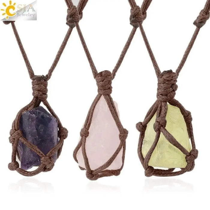 CSJA Healing Crystals Necklace Stone Gem Natural Stone Pendant Rope Wrap Necklace for Women Amethysts Rose Crystal Quartzs G317 - Mystic Oasis Gifts
