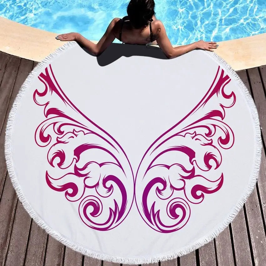 Summer Microfiber Round Beach Towel Circle Fairy Cupid Wings Print Shower Bath Towels Yoga Mat Blanket toalla de playa redonda 13