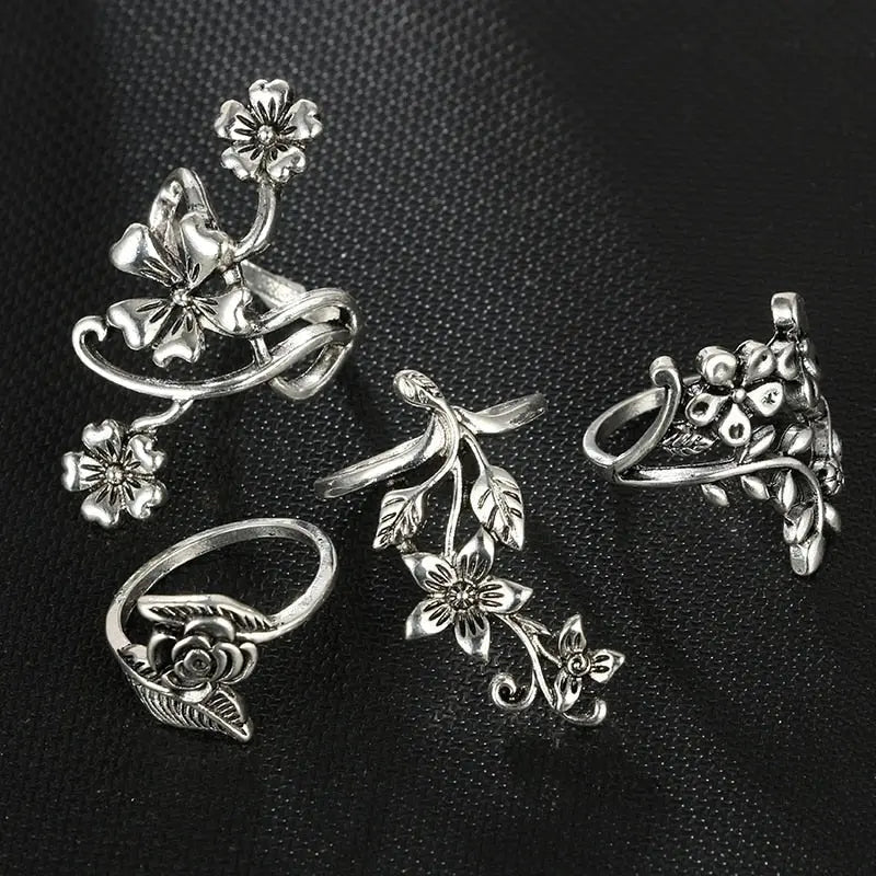 Tocona 4pcs/set Antique Silver Color Vintage Bohemia Ring Set Rose Flower Rings for Women Charm Bohemia Floral Knuckle Ring 6047 4