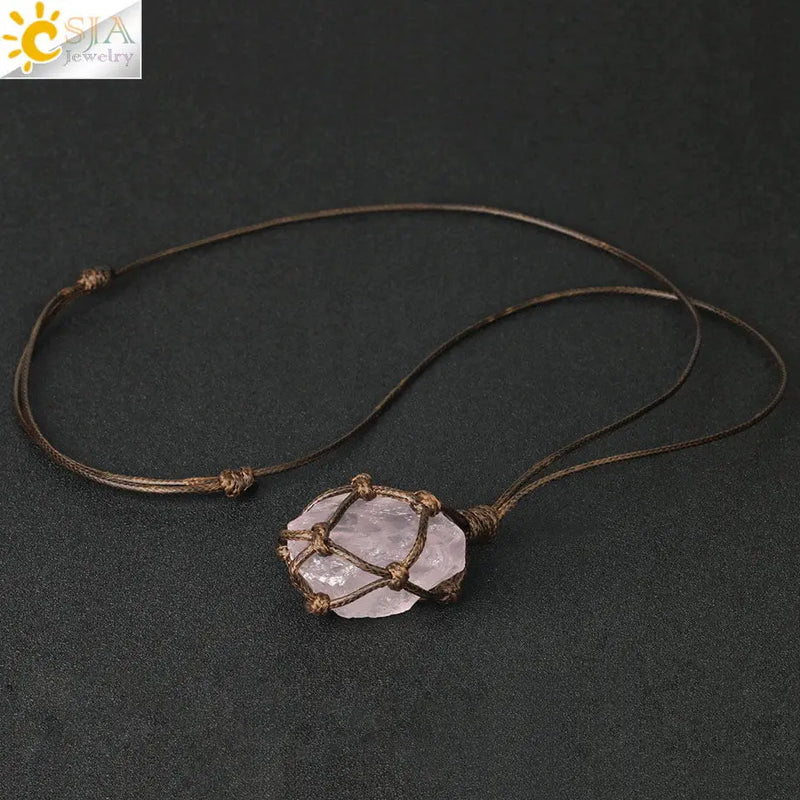 CSJA Healing Crystals Necklace Stone Gem Natural Stone Pendant Rope Wrap Necklace for Women Amethysts Rose Crystal Quartzs G317 - Mystic Oasis Gifts