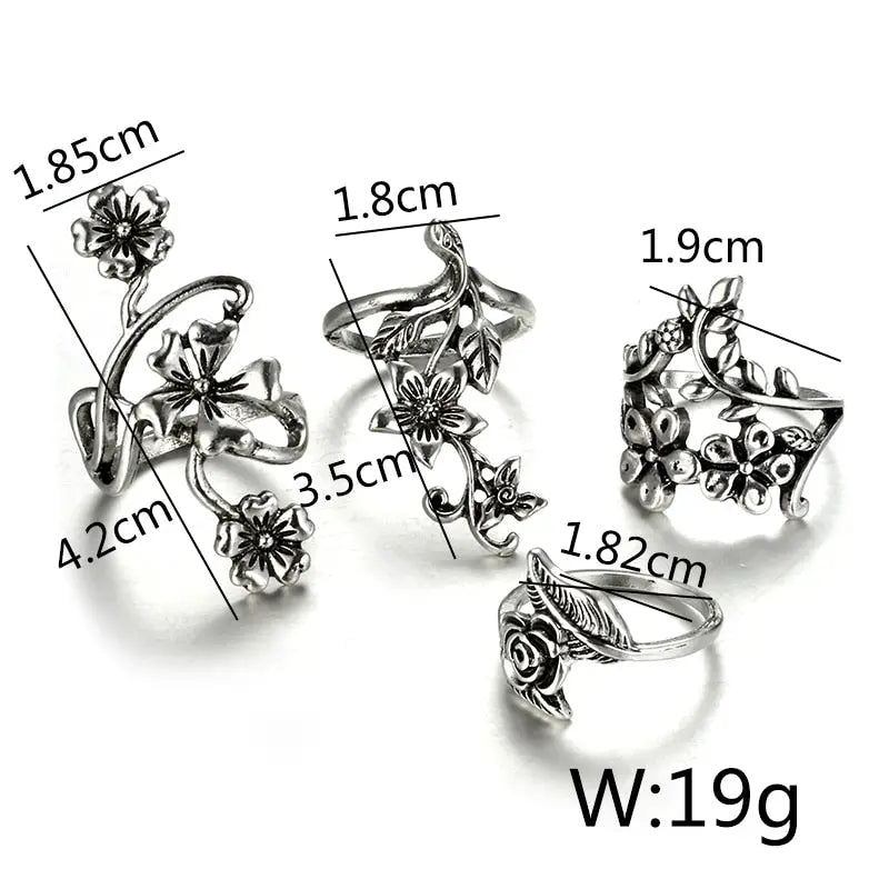 Tocona 4pcs/set Antique Silver Color Vintage Bohemia Ring Set Rose Flower Rings for Women Charm Bohemia Floral Knuckle Ring 6047 6