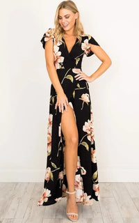 2022 Summer Short Sleeved Long Dress V-neck Split Print Fashion Retro Tiktok Consignment Rayon Robe for Women Party Wedding - Mystic Oasis Gifts