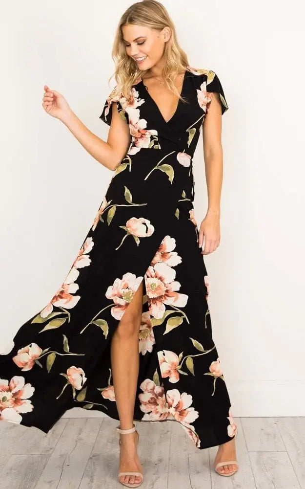 2022 Summer Short Sleeved Long Dress V-neck Split Print Fashion Retro Tiktok Consignment Rayon Robe for Women Party Wedding - Mystic Oasis Gifts