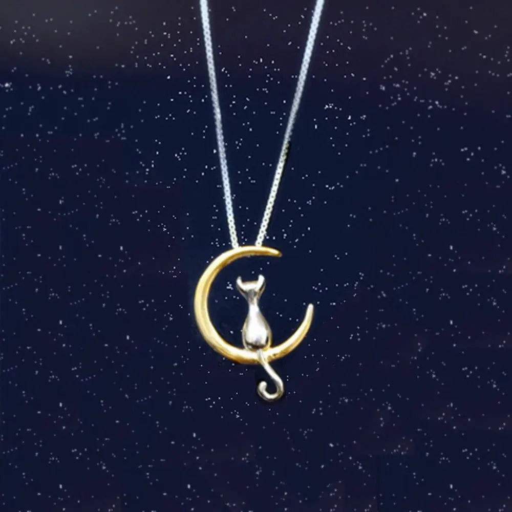 Fashion Cute Animal Cat Moon Pendant Necklace Charm Gold Silver Color Box Chain Necklace Kitten Pet Lucky Jewelry For Women Gift 5