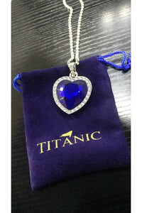 Titanic Heart of Ocean Blue Heart Love Forever Pendant Necklace with Titanic Earrings + Velvet Bag - Mystic Oasis Gifts