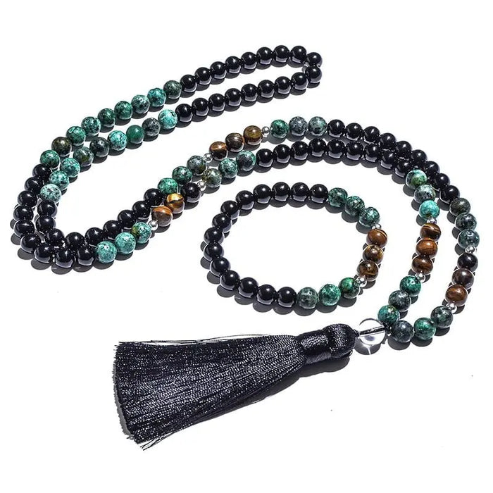8mm African Turquoise Black Agate Yellow Tiger Eye Beads Japamala Necklace Bracelet Set Meditation Yoga Jewelry 108 Mala Rosary - Mystic Oasis Gifts
