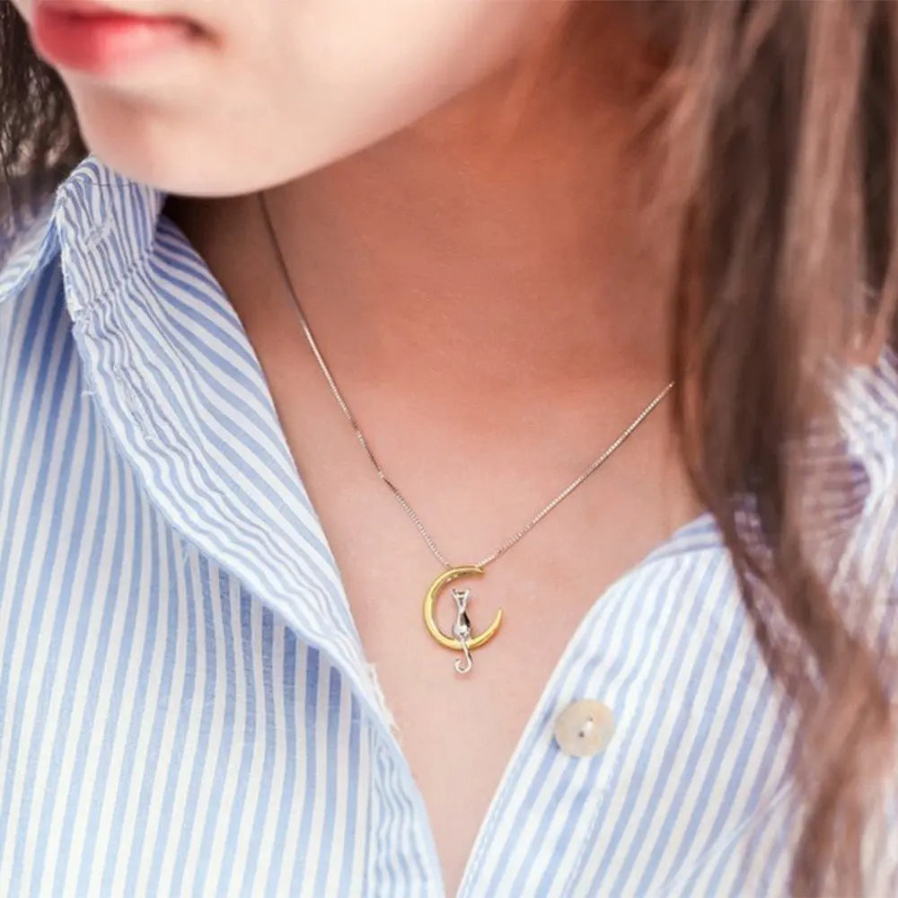 Fashion Cute Animal Cat Moon Pendant Necklace Charm Gold Silver Color Box Chain Necklace Kitten Pet Lucky Jewelry For Women Gift 3