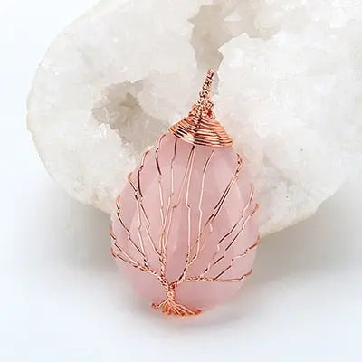 Natural purple Quartz Opal Stone Pendants Handmade Rose Gold Color Tree of Life Wrapped Drop Shaped crystal pendant necklace - Mystic Oasis Gifts