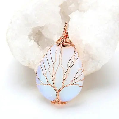 Natural purple Quartz Opal Stone Pendants Handmade Rose Gold Color Tree of Life Wrapped Drop Shaped crystal pendant necklace - Mystic Oasis Gifts