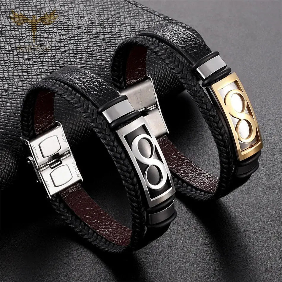 Brown Leather Bracelets Women Men Infinity Stainless Steel Cuff Accessory 2 Layers Weave Artificial Leather Love Couple Jewelry - Mystic Oasis Gifts