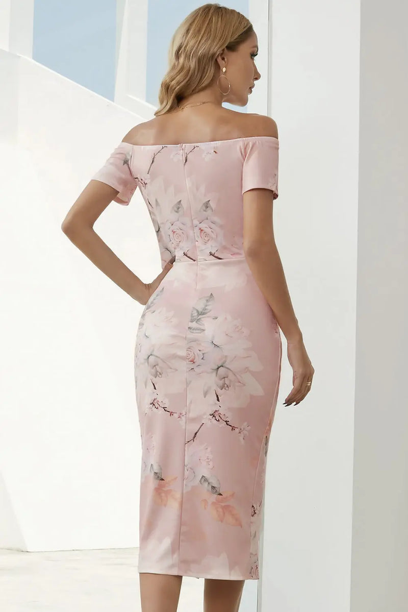 Pink Printed Off-Shoulder Split Dress