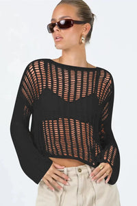 Openwork Boat Neck Long Sleeve Cover Up Trendsi Shirts & Tops