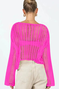 Openwork Boat Neck Long Sleeve Cover Up Trendsi Shirts & Tops