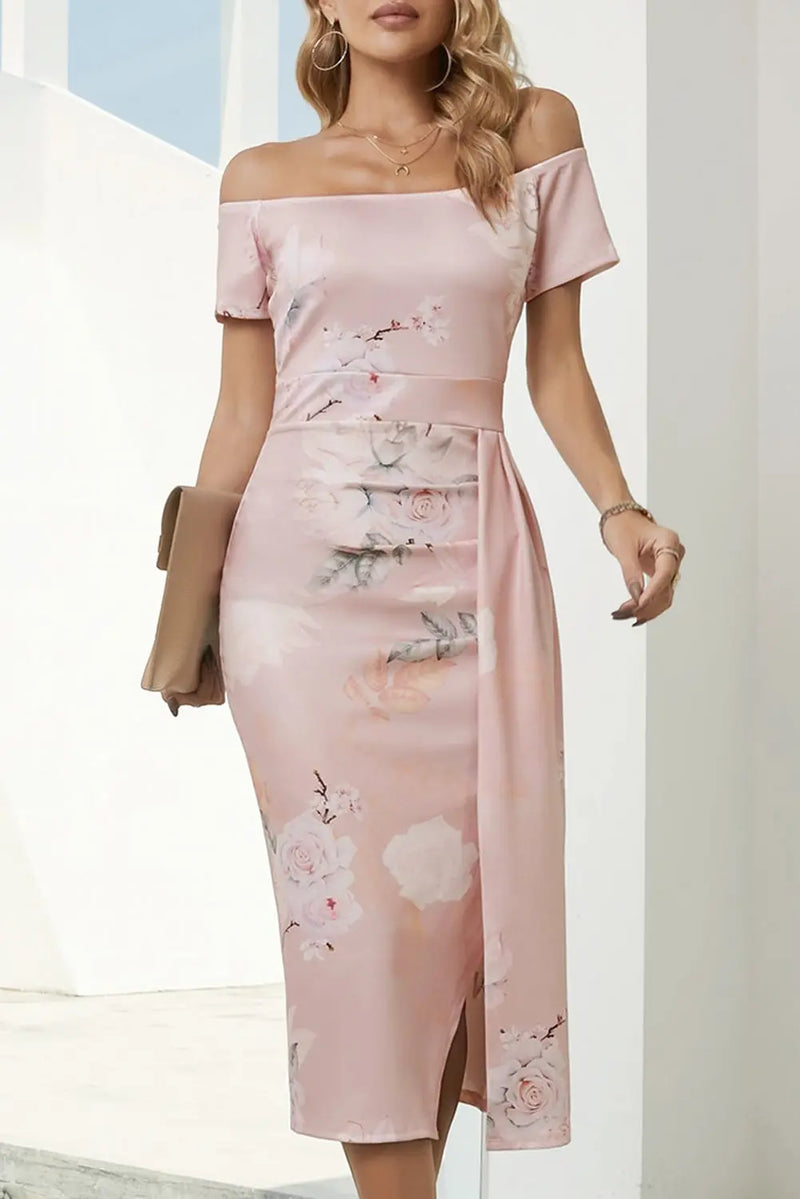 Pink Printed Off-Shoulder Split Dress