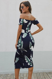 Navy Printed Off-Shoulder Split Dress